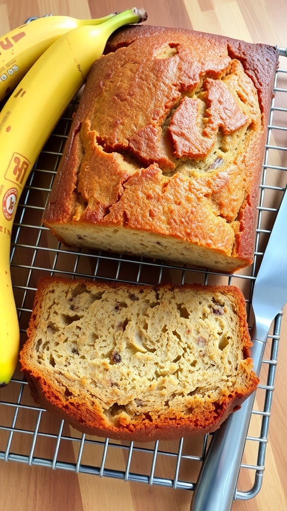 A golden loaf of banana bread on a wire rack, sliced to show its moist texture, with ripe bananas nearby.